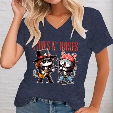 Paws Funny Cat Rock Star Trendy Cat Graphic T-shirt Women Fun Guitar Music Lover Classic Tops Gift for Rock Music Cat Lover Tops 4
