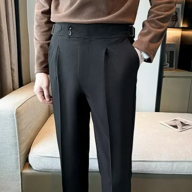 New British Style Solid High Waist Draped Trousers Korea Men Formal Blazer Pants Slim Business Casual Suit Pants Hommes 2