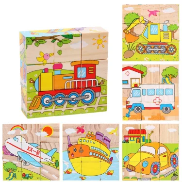 Wooden Six Sided 3D Cube Jigsaw Puzzles Children Kids Toys Animal Fruit Traffic Cognize Early Learning Educational Toys Fun Game 2