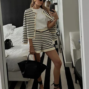 Tossy Striped Knit 2 Piece-Set Shorts Women Fashion Zebra Printed Cardigan And High Waist Patchwork Shorts Sets Knitwear Outfits 2