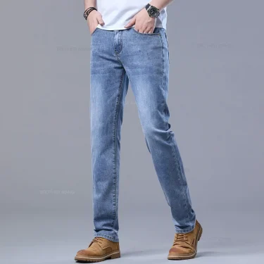 Spring Men's Light Blue Slim Jeans Stylish Casual Stretch Fabric Denim Pants Classic Trousers Smoke Gray 4
