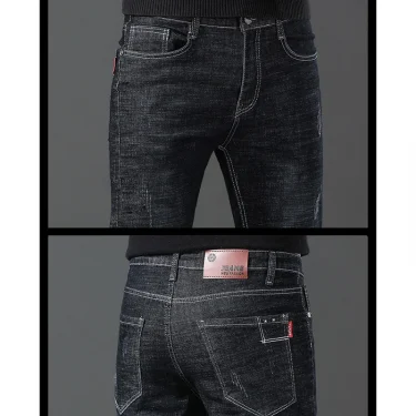 Men's Stylish Classic Business Casual Jeans Four Seasons Wear Black Blue Pants Middle-waist Leggings Denim Fabric Trousers Male 6