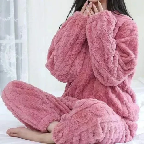 Women Warm 2 Piece Sets Thicken Velvet Ribbed Fleece Set Pullover and Pants Casual Pajama Sets Women Autumn Winter 1