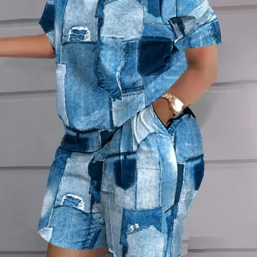 Women's clothing, round neck printed loose short sleeved T-shirt, shorts, casual sportswear, novelty for summer 3