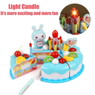 Kids Toy Simulation DIY Birthday Cake Model Kitchen Pretend Play Cutting Cake Toy with Light and Music Blowing Candles Girl Gift 6