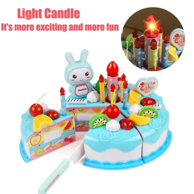 Kids Toy Simulation DIY Birthday Cake Model Kitchen Pretend Play Cutting Cake Toy with Light and Music Blowing Candles Girl Gift 6