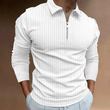 Fashion Solid Color Vertical Print Men's Long Sleeve Zipper Polo Shirt Autumn Man's Classic Casual Business Oversized Polo Shirt 1