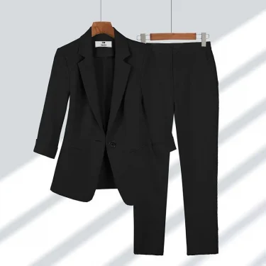 Women Summer New Casual Blazers Jacket Two Piece Suit Korean Elegant Slim Suit Pants Matching Set Female Professional Wear 3