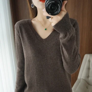 New Cashmere Women's V-neck Pullover Lace Neck Hollow Out Design Casual Knitted Long Sleeve Women's Sweater Autumn And Winter 6