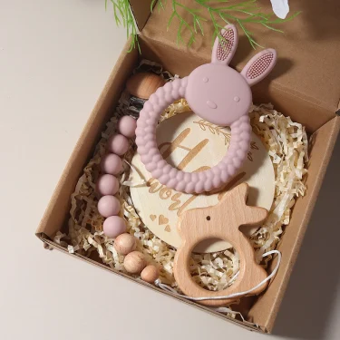 New born baby gift set silicone bunny teether wooden bunny rattle Photography props 5