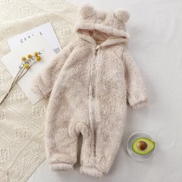 Thick Warm Baby Rompers Cute Winter Infant Jumpsuits Hooded Coral Fleece Bear Shape Newborn Soft Pajamas Overalls Clothing 3