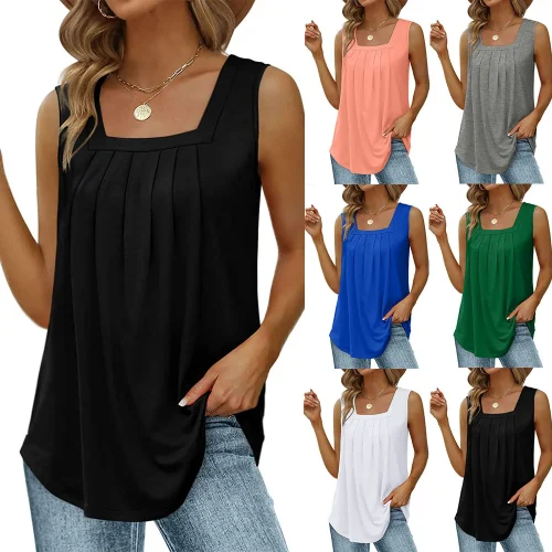 Summer Tank Tops for Women Loose Fit Pleated Square Neck Sleeveless Tops Curved Hem Flowy 1