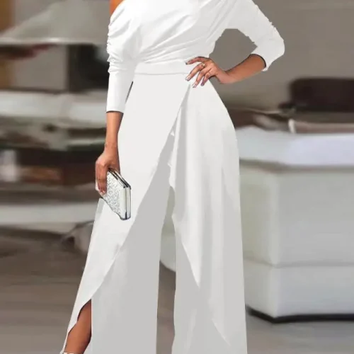 Sexy Elegant Ruched Cold Shoulder Split Hem Wide Leg Jumpsuit New Fashion Summer Casual Long Jumpsuits One Pieces 1