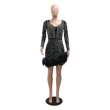 New Women Mesh Sleeve Bodycon Sexy Diamonds Birthday Party Dress Tierred Ruffles Rhinestone Pearls Night Club Dress Pink 5