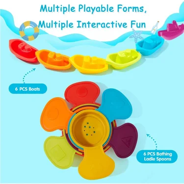 Baby Bath Toys, Stacking Boat & Spoons Toys, Early Education Intelligence Gift, Rainbow Color Stacked Cup Folding Tower Baby Toy 2