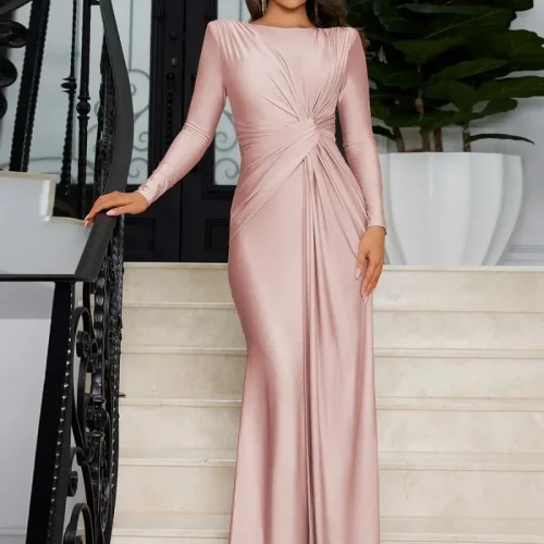 Elegant High Waist Folds Long Maxi Pink Dresses for Women 2024 Fall O-neck Long Sleeve Tunics Slim Solid Party Evening Dress 1