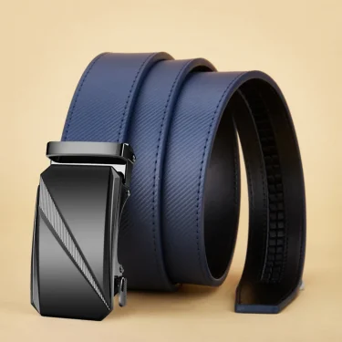OYIFAN Men's Belt Blue Striped Belt Fashion Jeans Belt Genuine Leather Belt Automatic Buckle Belts 3