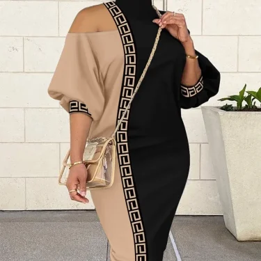 Women Bare Shoulder Lantern Dress Femme Print Patchwork O-Neck Casual Party Festival Lady Pencil Dress 3