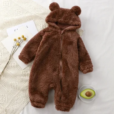 Thick Warm Baby Rompers Cute Winter Infant Jumpsuits Hooded Coral Fleece Bear Shape Newborn Soft Pajamas Overalls Clothing 4