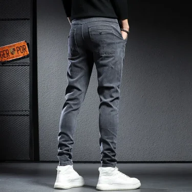 Autumn & winter elastic waist thicken fleece jeans for men Slim fit small feet Korean fashion casual pants for men Long pants 5