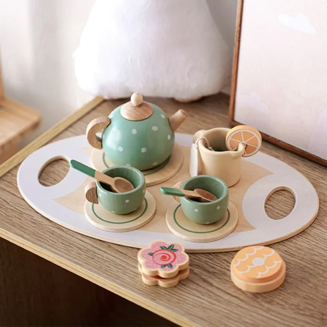 Wooden Afternoon Tea Set Toy Pretend Play Food Learning Role Play Game Early Educational Toys for Toddlers Girls Boys Kids Gifts 2