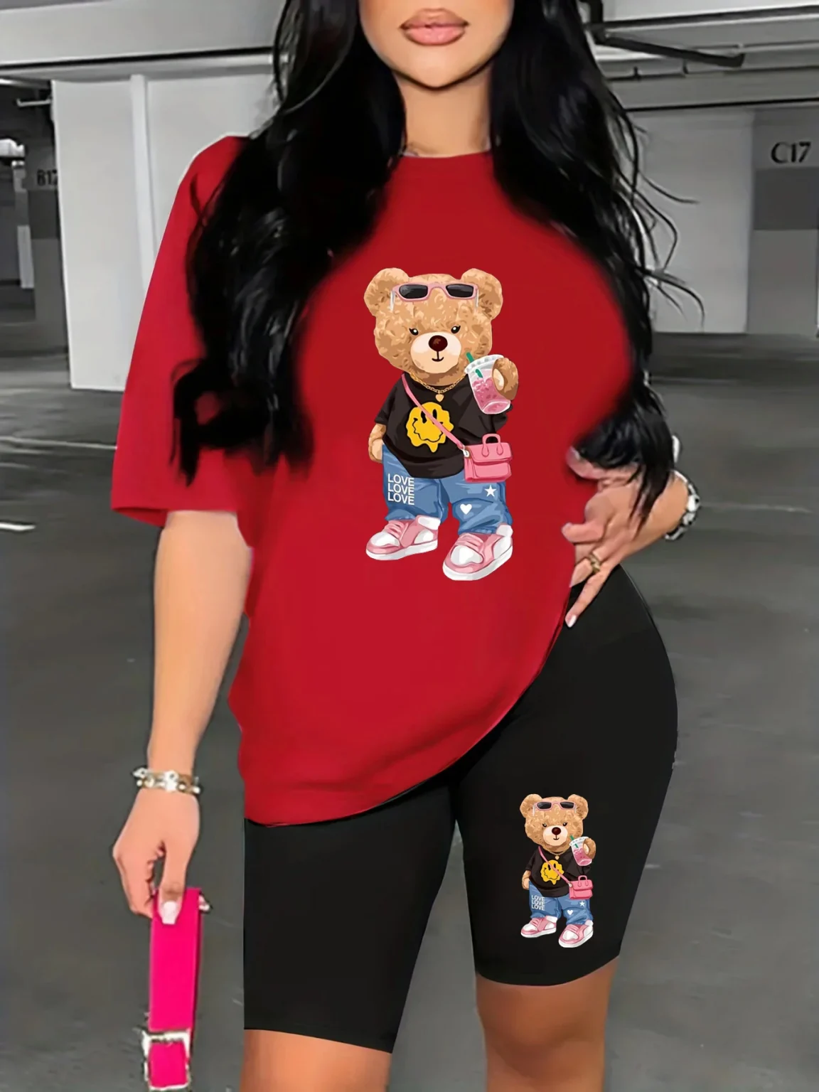 Summer women's Bear cartoon print casual loose round neck short sleeved T-shirt shorts two-piece set 5