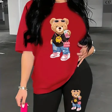 Summer women's Bear cartoon print casual loose round neck short sleeved T-shirt shorts two-piece set 5