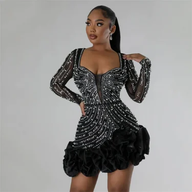 New Women Mesh Sleeve Bodycon Sexy Diamonds Birthday Party Dress Tierred Ruffles Rhinestone Pearls Night Club Dress Pink 2