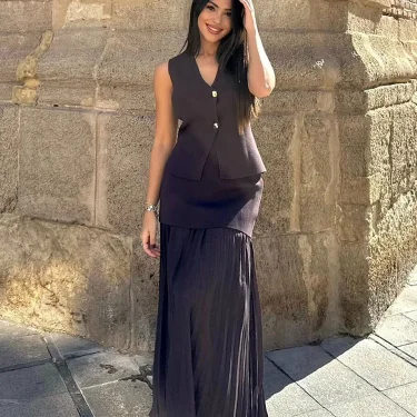 Women 2 Piece Set Chic V-Neck Sleeveless Button Knitted Vest Top+Splicing High Waist Side Zipper Ankle-Length Skirt TRAF 3