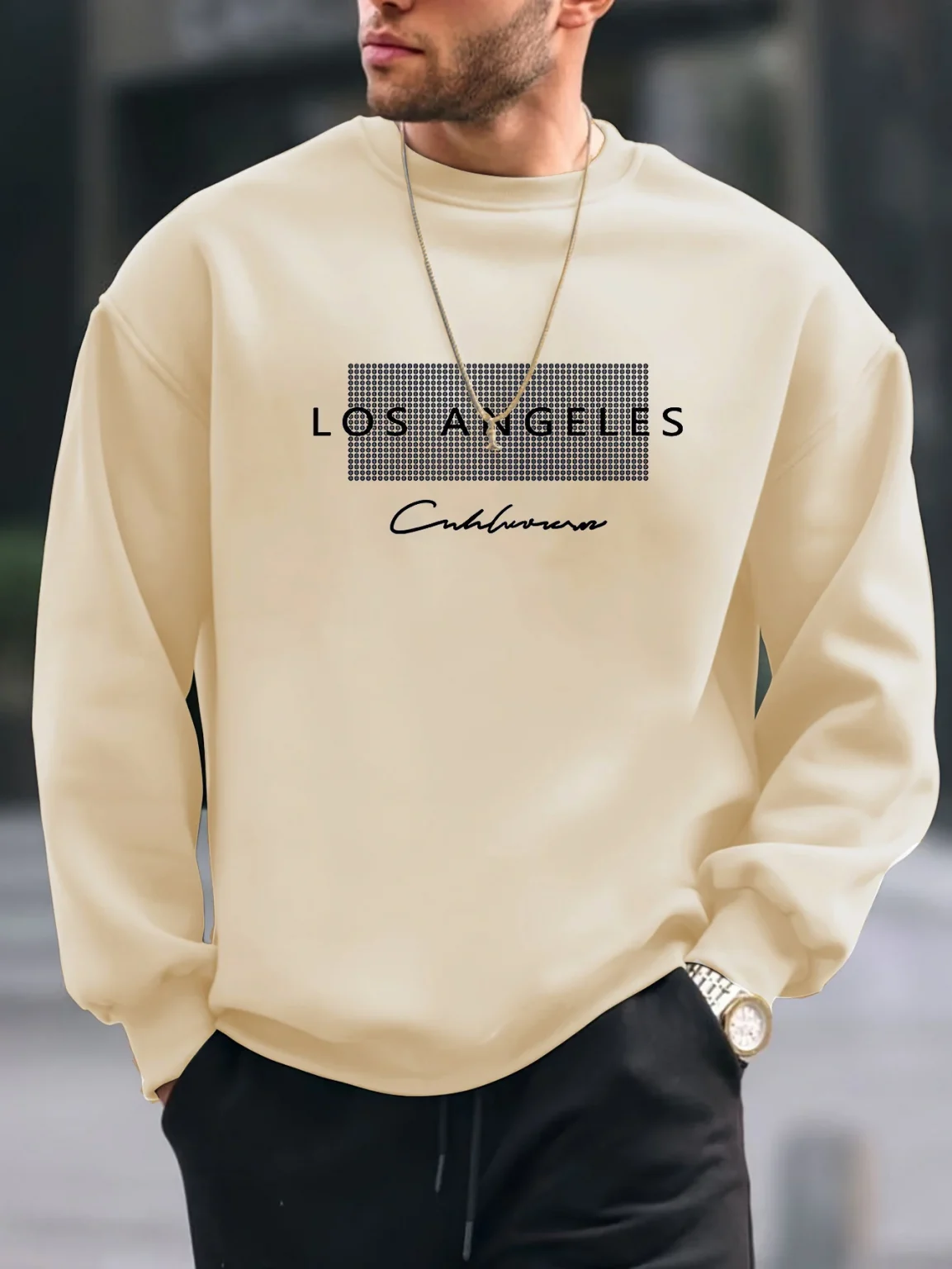 Men's autumn and winter fashionable casual loose Los Angeles letter printed fleece pullover round neck long sleeved sweatshirt 2