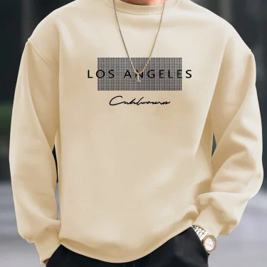 Men's autumn and winter fashionable casual loose Los Angeles letter printed fleece pullover round neck long sleeved sweatshirt 2