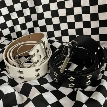 Y2K Punk Rivet Leather Belts Women Men Star PU Black White Waist Strap Double Row Hollow Trendy Waistband Jeans Skirt Decoration 4