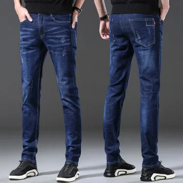 Men's Stylish Classic Business Casual Jeans Four Seasons Wear Black Blue Pants Middle-waist Leggings Denim Fabric Trousers Male 2