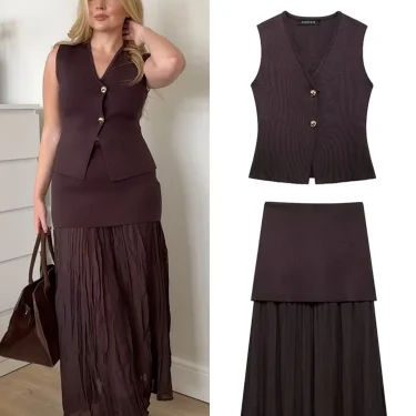 Women 2 Piece Set Chic V-Neck Sleeveless Button Knitted Vest Top+Splicing High Waist Side Zipper Ankle-Length Skirt TRAF 1