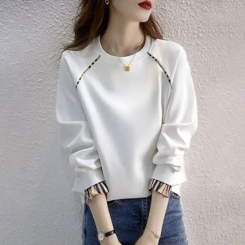 Thin Pure Cotton Sweatshirt Women Spring Autumn Korean Version Hatless Pullover Long Sleeve Round Neck Fake Two Piece Top 1