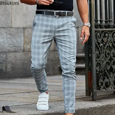 New 2025 Men's Formal Business Suit Pants Fashion Mid-waist Print Plaid Trousers Spring Autumn Comfortable Elastic Pants for Men 2