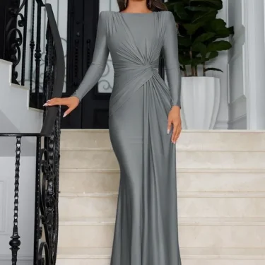 Elegant High Waist Folds Long Maxi Pink Dresses for Women 2024 Fall O-neck Long Sleeve Tunics Slim Solid Party Evening Dress 3