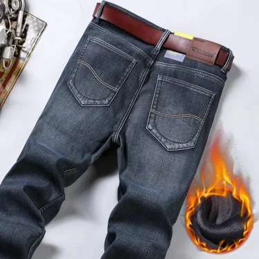 WTHINLEE Winter New Casual Men's Warm Fleece Jeans Classic Business Thicken Fur Regular Fit Denim Pants Brand Plush Trousers 2