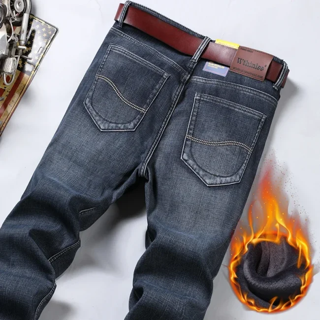 WTHINLEE Winter New Casual Men's Warm Fleece Jeans Classic Business Thicken Fur Regular Fit Denim Pants Brand Plush Trousers 2