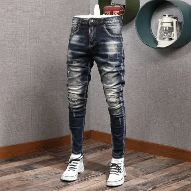 Fashion Streetwear Men Jeans Retro Black Blue Elastic Slim Fit Ripped Jeans Men Spliced Designer Embroidery Hip Hop Denim Pants 1