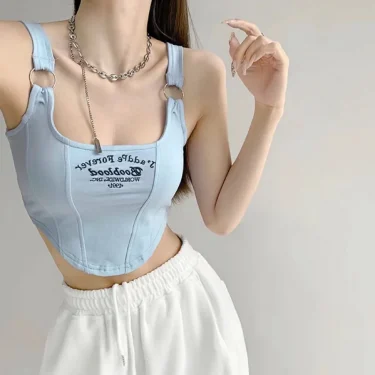 Striped bra pad sexy tank top Y2K solid color short women's T-shirt tank top exposed navel top sleeveless exposed navel top tank 3