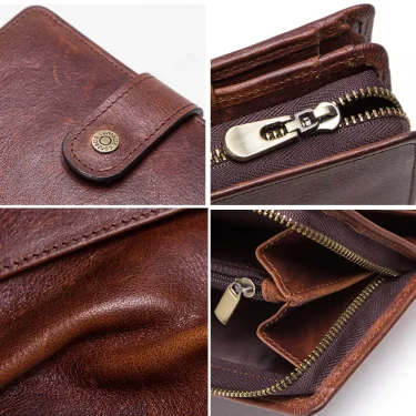CONTACT'S Genuine Leather RFID Vintage Wallet Men With Coin Pocket Short Wallets Small Zipper Wallet With Card Holders Man Purse 6