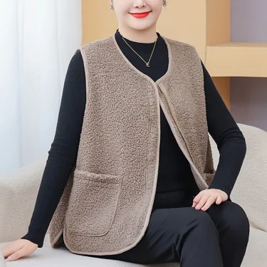 Womens Plus Size Fleece Jacket Autumn Casual Clothing Senior Sleeveless Vest Fashion Big Pocket Outwear Curve Coats T84 2363 6