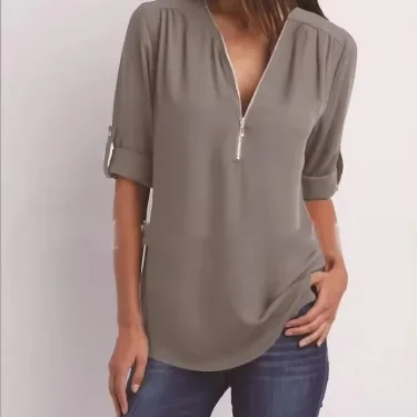 Hot Sale Women Cool Loose Shirt Deep V Neck Chiffon Fashion Blouse Casual Ladies Tops Sexy Zipper Pullover Plus Size 5