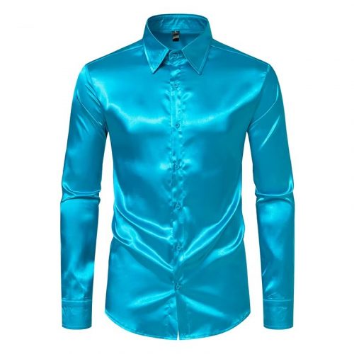 Luxury Shiny Blue Silk Satin Dress Shirts Men 70s Disco Party Prom Shirt Long Sleeve Casual Smooth Tuxedo Shirt Chemise Homme