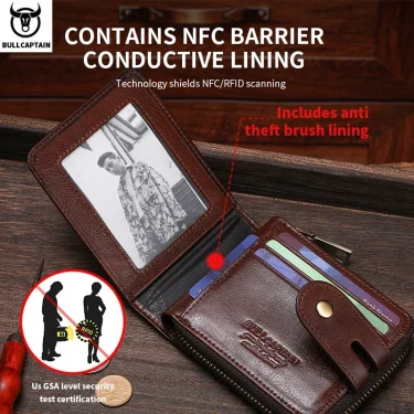 Men's Genuine Leather Wallet Business Casual RFID Antimagnetic Coin Card Holder Multifunctional Zipper Cash Clip 3