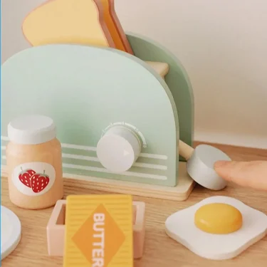 Wooden Toaster Toy Kids Bread Machine Kit Pretend Play Kitchen Toys Set Breakfast Educational Toys Gifts for Girls Boys 3