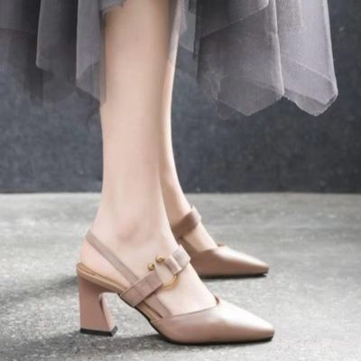 Women Leather High-heeled Sandals Summer New Women Fashionable and Elegant Off White Toe Back Luxury High Heeled Sandals