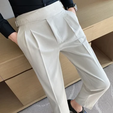 British Style Men High Waist Casual Dress Pant Men Belt Design Slim Trousers Formal Office Social Wedding Party Dress Suit Pants 2