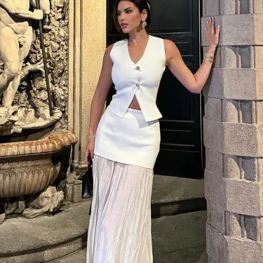 Women 2 Piece Set V-Neck Sleeveless Button Knitted Vest Top+Elegant Splicing High Waist Zipper Long Skirts Holiday Suits 5